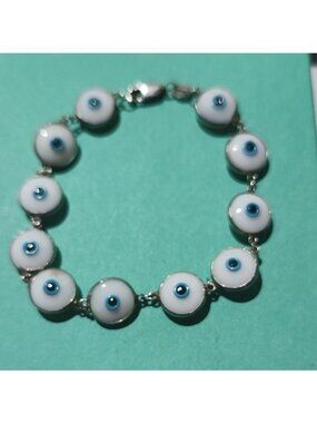 Blue and White Evil Eye Glass & Silver Bracelet